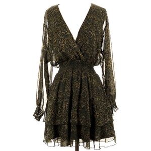 Zara Women's Black Green Polyester Mini Dress Elastic Waist & Wrist Band Size S